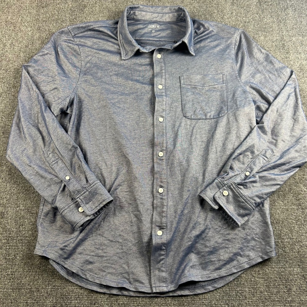 J.Crew Mens Large Blue Heathered Knit Button Down Long Sleeve Shirt Chest Pocket